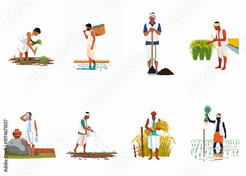Set of vector illustrations depicting Indian farmers performing various traditional agricultural activities like planting, sowing, harvesting, and resting.