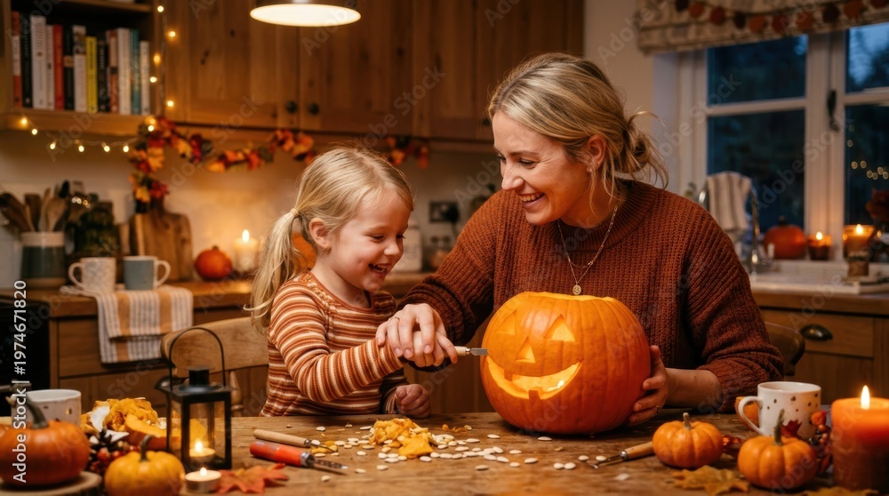 Fototapeta premium Mother and daughter happily carving a jack-o'-lantern together for Halloween
