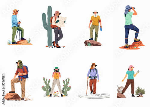 Set of diverse hikers and backpackers in various outdoor environments engaging in activities like map reading, photography, and using binoculars for adventure exploration.