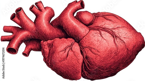 Detailed anatomical illustration of a human heart, showcasing intricate vessels and muscular texture in rich red hues.