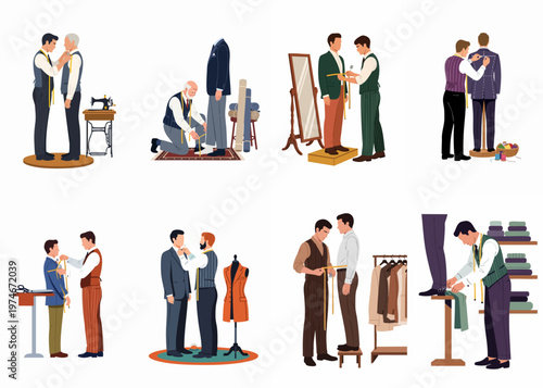 Collection of flat vector illustrations showing professional tailors measuring and fitting bespoke suits for male clients in a traditional atelier setting.