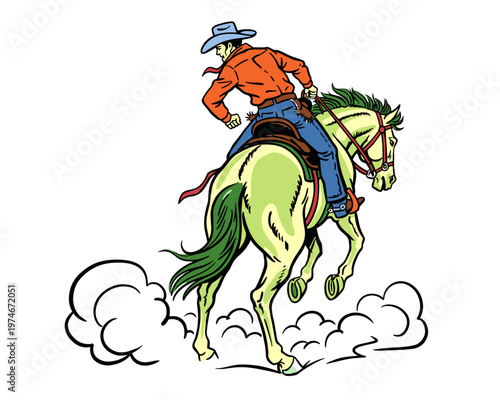 Vintage Cowboy riding a bucking horse illustration for t shirt design, poster, sticker, western adventure graphic print