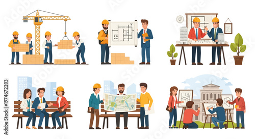 Construction team planning, architects discussing blueprints, and engineers collaborating on projects.