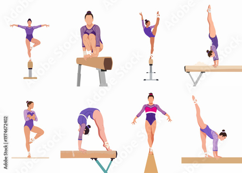 Set of Eight Female Gymnasts in Purple Leotards Performing Various Artistic Poses and Balancing on a Beam, Flat Vector Illustration Style