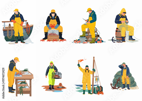Set of Illustrations Featuring Fishermen Characters in Yellow Overalls Engaged in Various Maritime Activities, Crabbing, and Mending Nets.