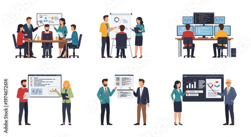 Business meeting, presentation, teamwork, data analysis, office work, strategy, finance, charts