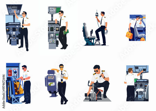 Set of flat illustrations featuring an airline pilot performing various tasks inside a commercial aircraft cockpit, including pre-flight checks and operating controls.