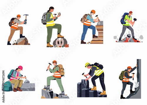 Collection of diverse geologists and mineralogists exploring, excavating, and studying geological specimens and crystals in various outdoor settings.