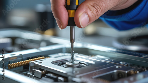 Hand using screwdriver to tighten screw on electronic device component