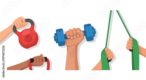 Hands gripping diverse fitness equipment kettlebell, dumbbell, and resistance bands for comprehensive workout and strength training