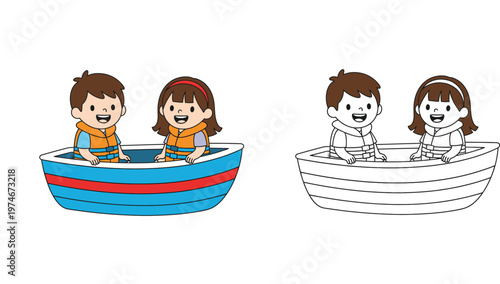 Two Happy Kids in a Boat Wearing Life Jackets Cartoon Illustration and Coloring Page Set for Children's Educational Activities and Summer Vacation Fun Designs
