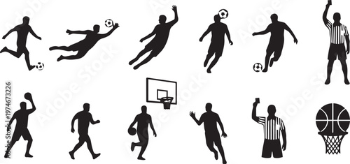 Collection of athletic silhouettes with soccer players basketball team action and sports referees for exercise gym competition and professional league tournament marketing materials