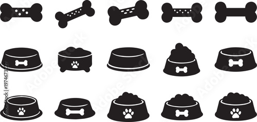 Black and white dog bowl icons and bone treat silhouettes for professional pet store branding domestic animal supplies and healthy feeding vector collection