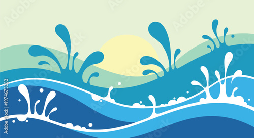 Vibrant Vector Illustration of Rolling Sea Waves, Splashing Water, and Bright Sunlight Background