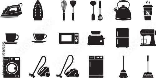 Kitchen appliance silhouette collection featuring blender toaster and electric kettle for domestic household equipment and modern home cooking themed vector designs