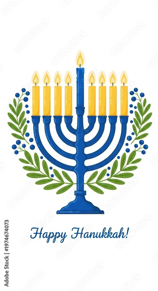 Obraz premium Blue hanukkah menorah with lit yellow candles and green olive branches on white background