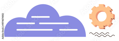 Cloud storage, data management, programming, IT operations, technology systems, software engineering. Purple cloud with an orange gear and wavy lines. Cloud storage and data management concept