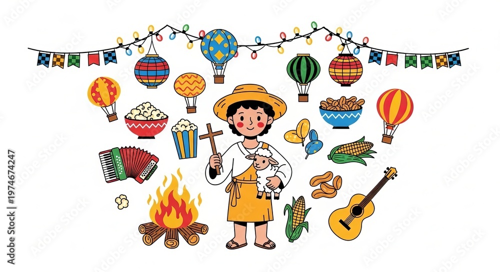 Fototapeta premium Autumn harvest festival scene with boy and hot air balloons illustration