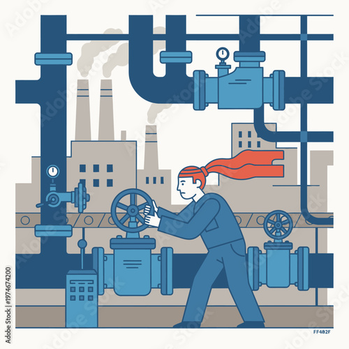 Man operating valve in industrial setting with red scarf.