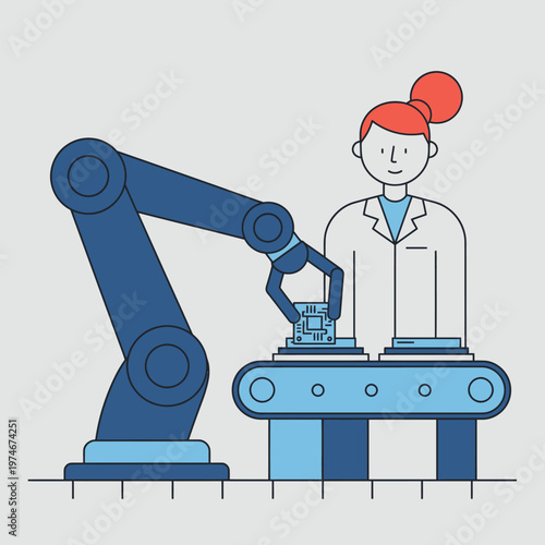Robotic Arm and Scientist Working on Microchip Assembly Line.