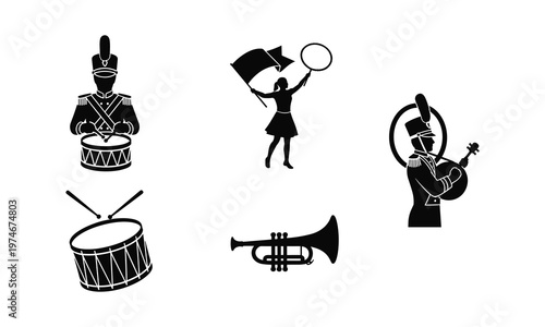 Marching band musicians with drum trumpet and flag silhouette vector illustration.