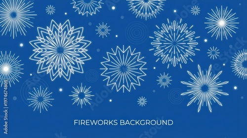 White linear fireworks patterns on a solid blue background, festive