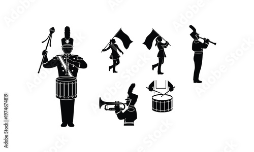 Marching band vector silhouette illustration set with drum major and musicians playing line.