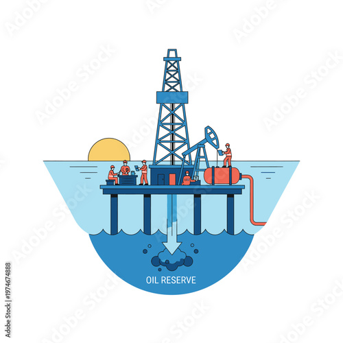 Offshore oil rig extracting crude oil from deep sea reserve.