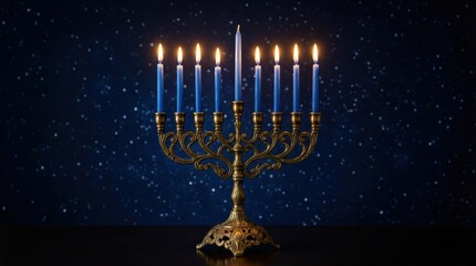 Lit hanukkah menorah with nine blue candles against a dark starry background