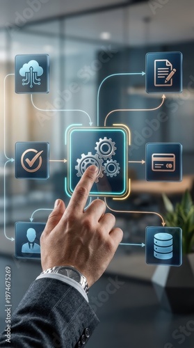 Businessman's hand interacting with a digital flowchart showing cloud gears document credit card and data icons