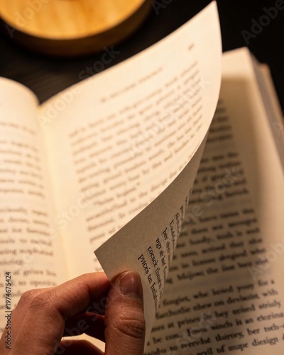 Hand turning page of open book with warm lighting in background  