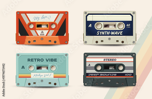 Vintage Retro Audio Cassette Tapes Mixtape Collection Set. Vector Illustration.