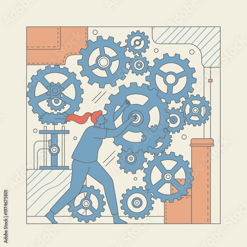 Man Pushing Gears in Mechanical System.
