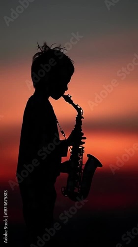 Silhouette of a young boy playing a saxophone against a vibrant orange and red sunset background