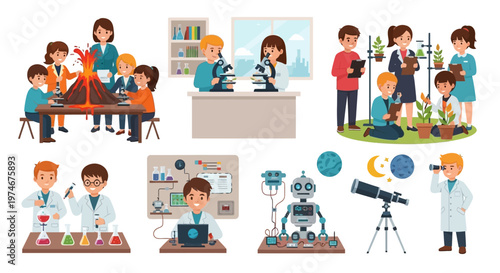 Children learning science, conducting experiments, and exploring technology in educational settings.