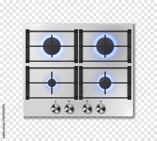 Gas stove with blue flame and black steel grate. Kitchen stainless cooktop with lit and off burners. Vector realistic set of burning propane butane on hob top view isolated on transparent background