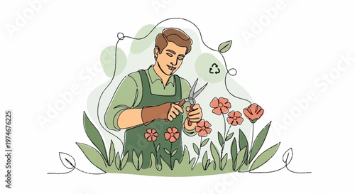 Gardener with shears pruning flowers in colored line art illustration