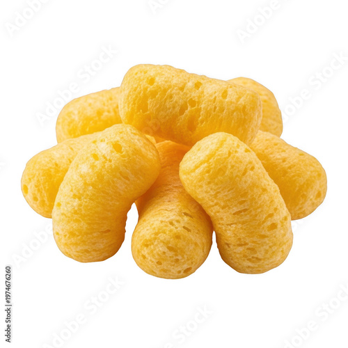 A close up of golden puffed corn snacks irregularly shaped perfect for graphics on transparent background