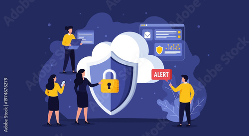 Cloud Security Alert: Team Protects Data with Shield and Lock Icon