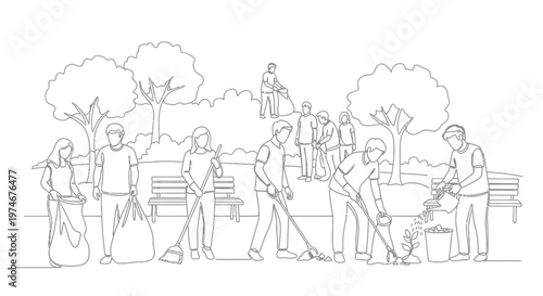 People cleaning park with brooms together.