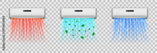 Air conditioner cooling and heating regimes. Vector isolated realistic set with cold and hot waves blowing. Home appliances for climate control. Summer and winter modes for comfortable temperature