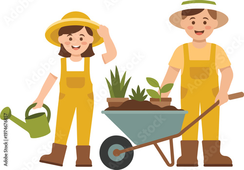 Couple of gardeners working together, man with wheelbarrow of soil and woman watering plants, enjoying gardening activities vector illustration