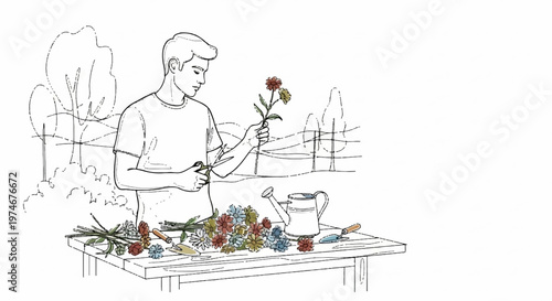 Young gardener pruning flowers at a wooden table in a garden scene