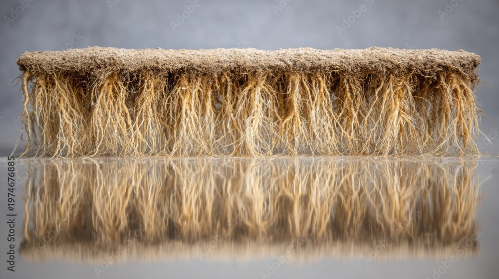 Fototapeta premium Textured Root Structure Against Neutral Background With Reflection Creating Artistic Visual Appeal for Creative Projects