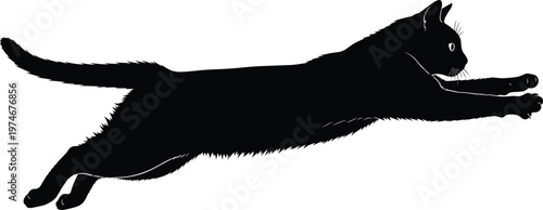 Black cat silhouette jumping in motion, dynamic feline action pose, domestic pet concept, graceful movement, minimal vector illustration isolated on white background