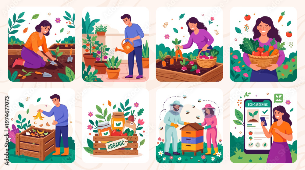 Fototapeta premium This vibrant illustration set highlights sustainable living and eco-friendly gardening practices through a series of engaging and modern visuals.