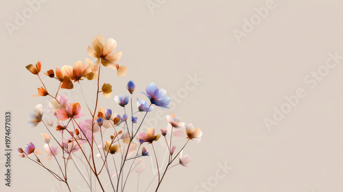 A small cluster of wildflowers in pastel colors arranged on a light beige background, creating a soft, minimal aesthetic