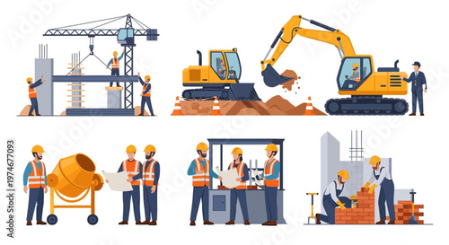 Construction Site Workers and Machinery in Action