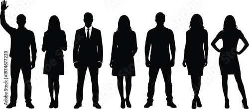 Diverse business people silhouettes standing in a row, men and women in formal and casual attire isolated on white background, teamwork concept illustration