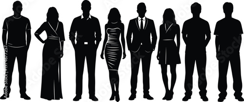 Diverse group of men and women silhouettes standing in formal and casual outfits, human figures collection isolated on white background for business, fashion and lifestyle concept